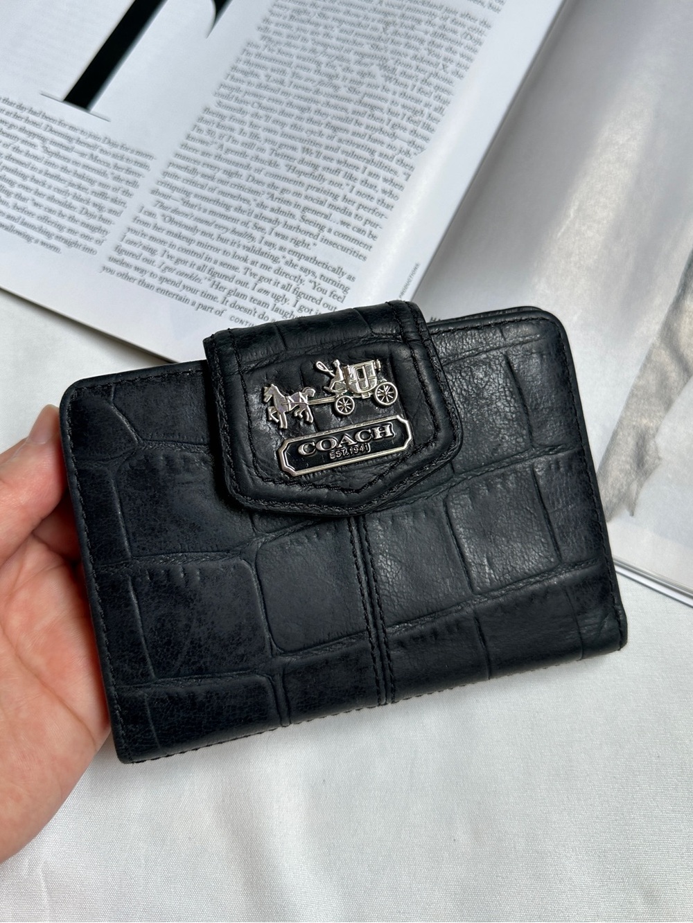Coach Black Croc-Embossed Leather Card & Key Holder with Silver Logo